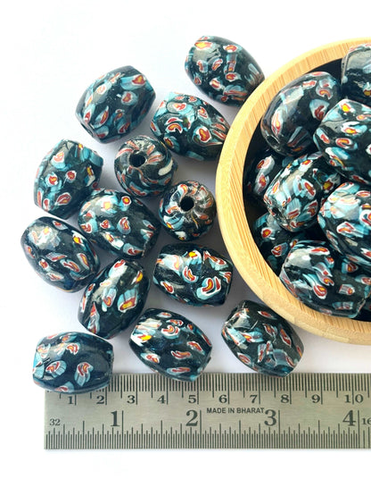 Six Pieces Blue Patterned Millefiori Oval Glass Beads 25x20MM