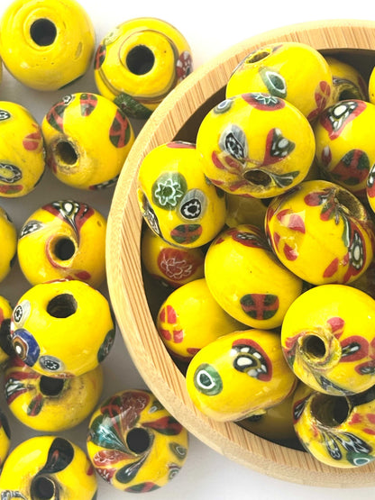 10 Pieces Yellow Millefiori Round Glass Beads 20x15MM