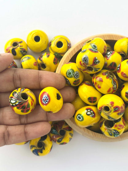 10 Pieces Yellow Millefiori Round Glass Beads 20x15MM