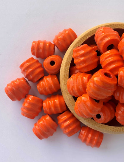 10 Pieces Orange Ribbed Cylinder Glass Beads 20x18MM