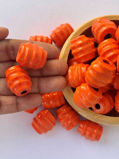 10 Pieces Orange Ribbed Cylinder Glass Beads 20x18MM