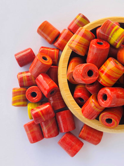 10 Pieces Red Yellow Swirl Cylinder Glass Beads 20x15MM
