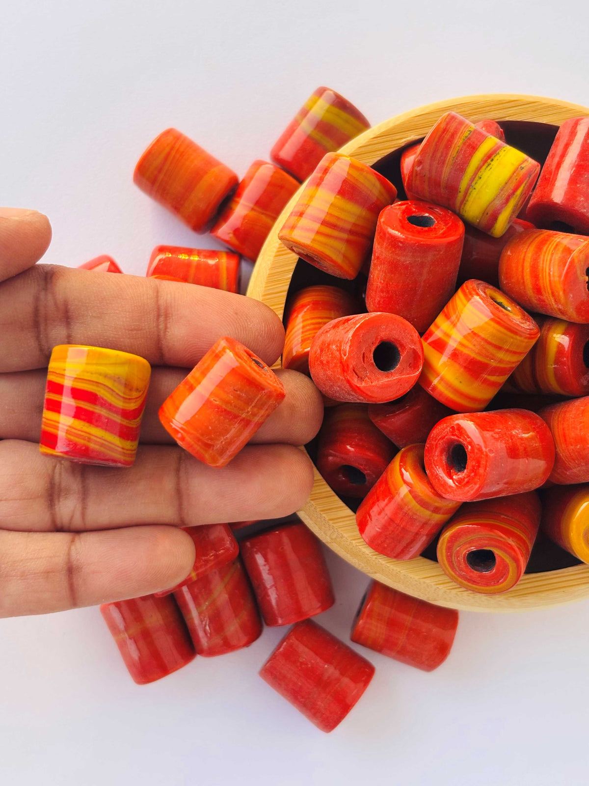 10 Pieces Red Yellow Swirl Cylinder Glass Beads 20x15MM