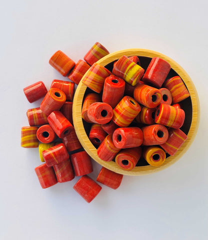 10 Pieces Red Yellow Swirl Cylinder Glass Beads 20x15MM