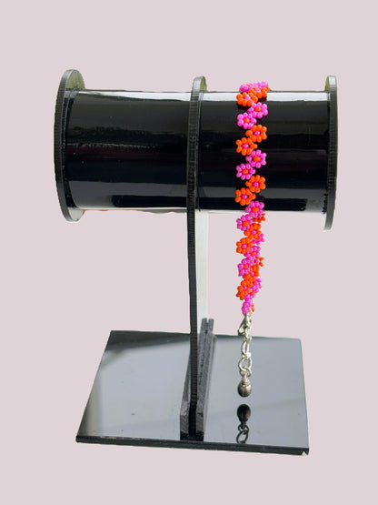 Handmade Pink and Orange Floral Beaded Bracelet
