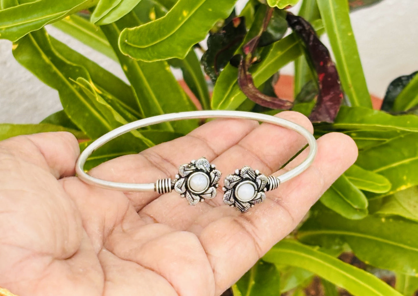 Oxidized Silver Floral Cuff Bracelet with Pearl