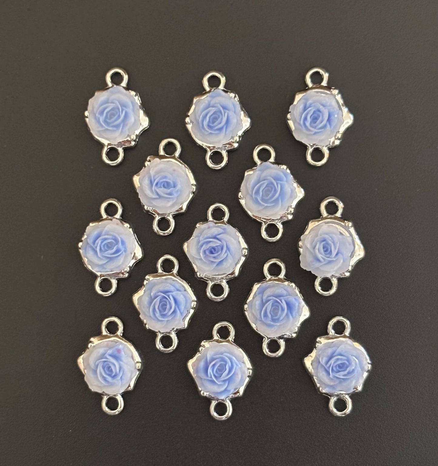 Light Blue Rose Resin Connectors - Silver Frame Floral Jewelry Charms