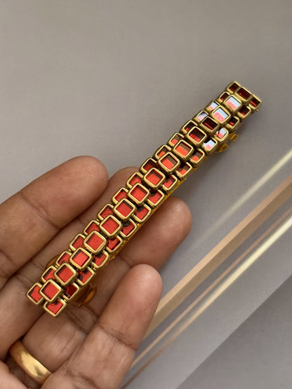 Handmade Light Red Kundan Hair Clip with Geometric Design