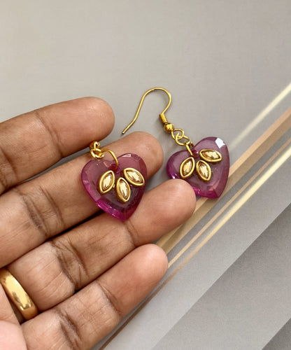 Pink Heart Drop Earrings with Gold Kundan Leaf Design
