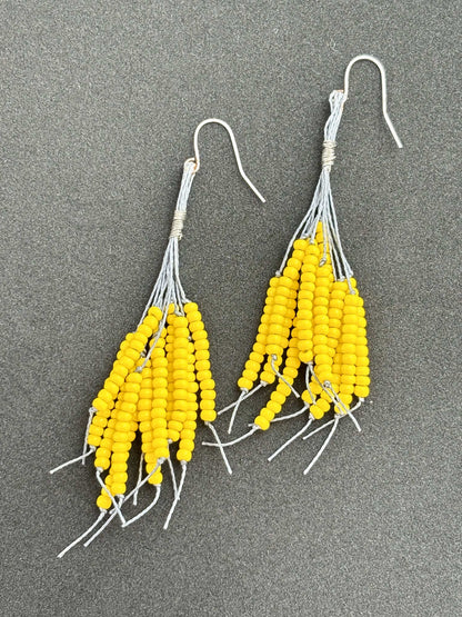Handmade Yellow Beaded Tassel Earrings