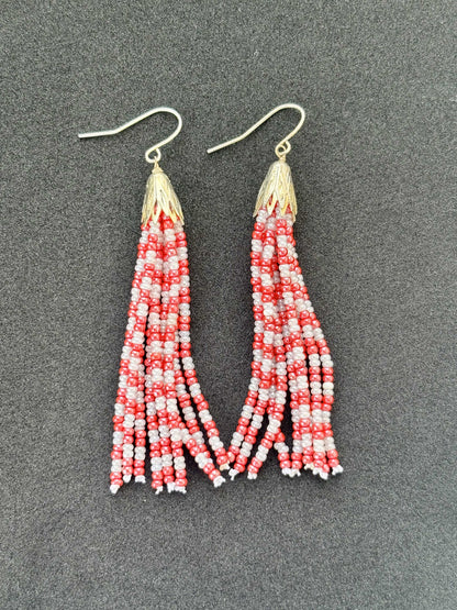 Handmade Red and White Checkered Tassel Earrings