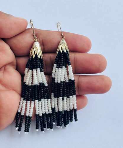 Handmade Black and White Striped Beaded Tassel Earrings