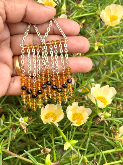Amber and Black Beaded Silver Chain Tassel Earrings