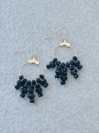 Handcrafted Silver Hoop Earrings with Black Beaded Tassels