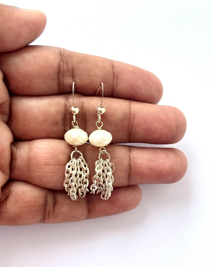 Handmade White Pearl and Silver Chain Tassel Earrings