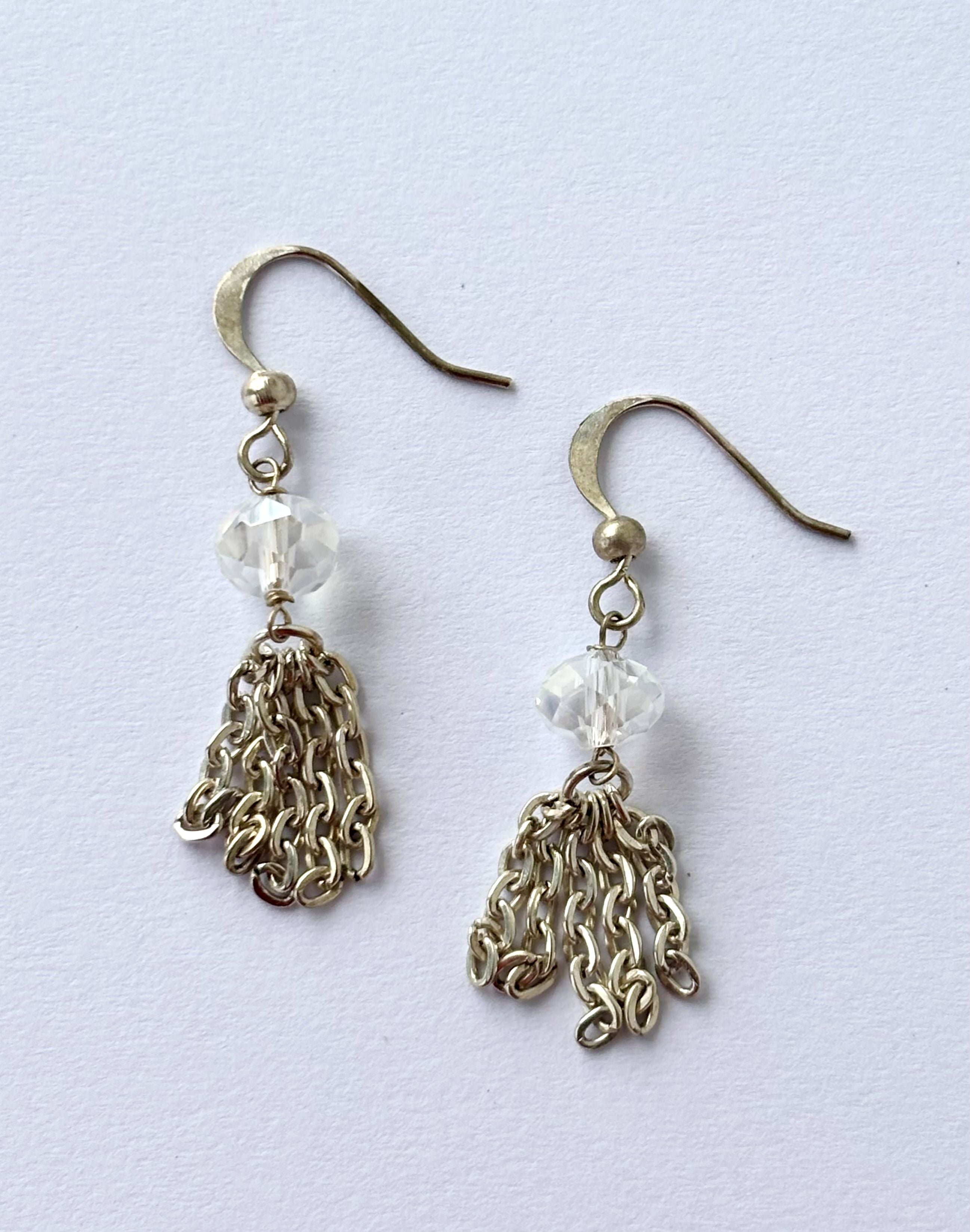 Handmade Clear Crystal and Silver Chain Tassel Earrings