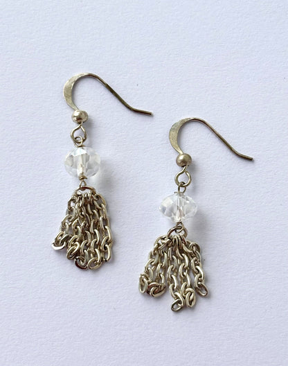Handmade Clear Crystal and Silver Chain Tassel Earrings