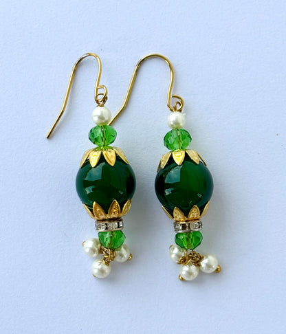 Handmade Green and Gold Lantern Drop Earrings