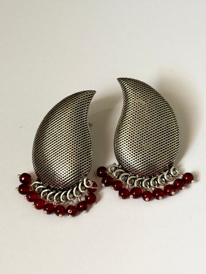 Oxidized Silver and Red Bead Drop Earrings