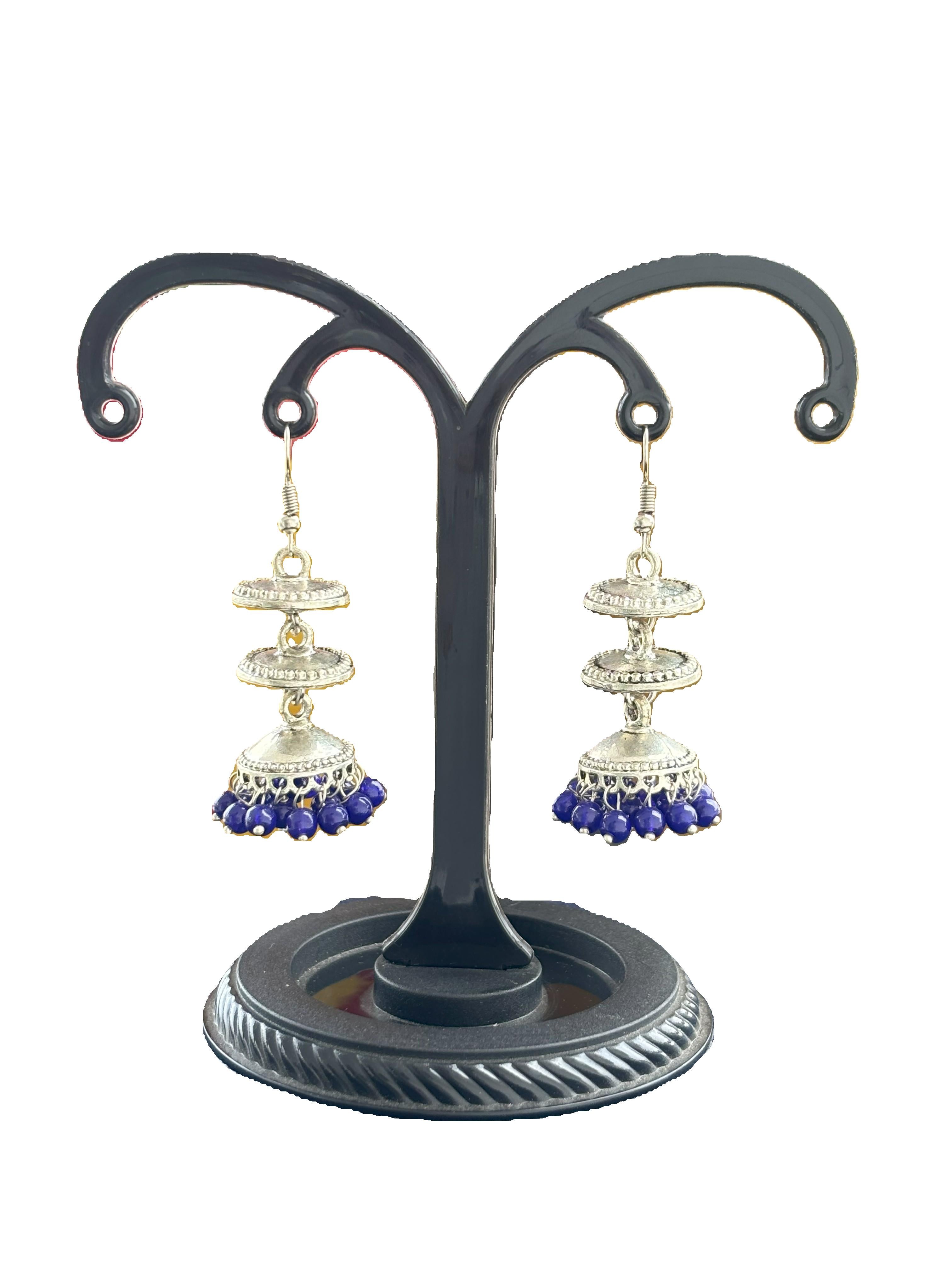Tiered Oxidized Silver Jhumka Earrings with Blue Beads