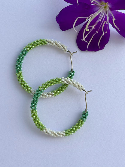 Handmade Green and White Seed Bead Hoops