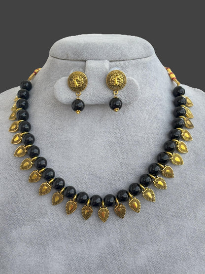 Handmade Black Bead and Gold Charm Choker
