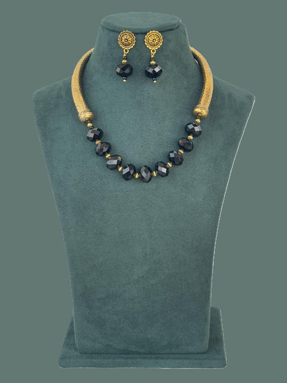 Handmade Oxidized Gold Trunk and Black Rondel Bead Necklace Set