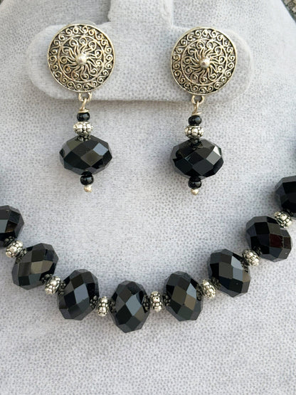 Handmade Oxidized Silver Trunks and Black Bead Necklace Set