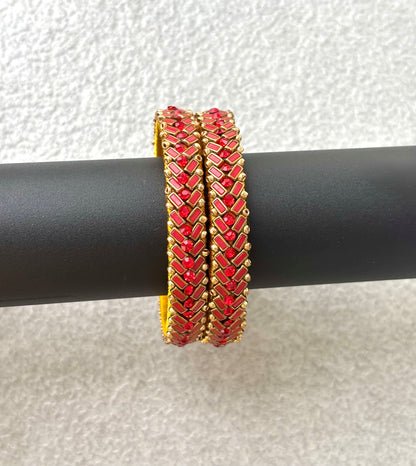 Yellow Bangles with Red Rhinestone Work