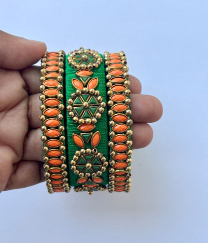 Green and Orange Silk Thread Bangle Set