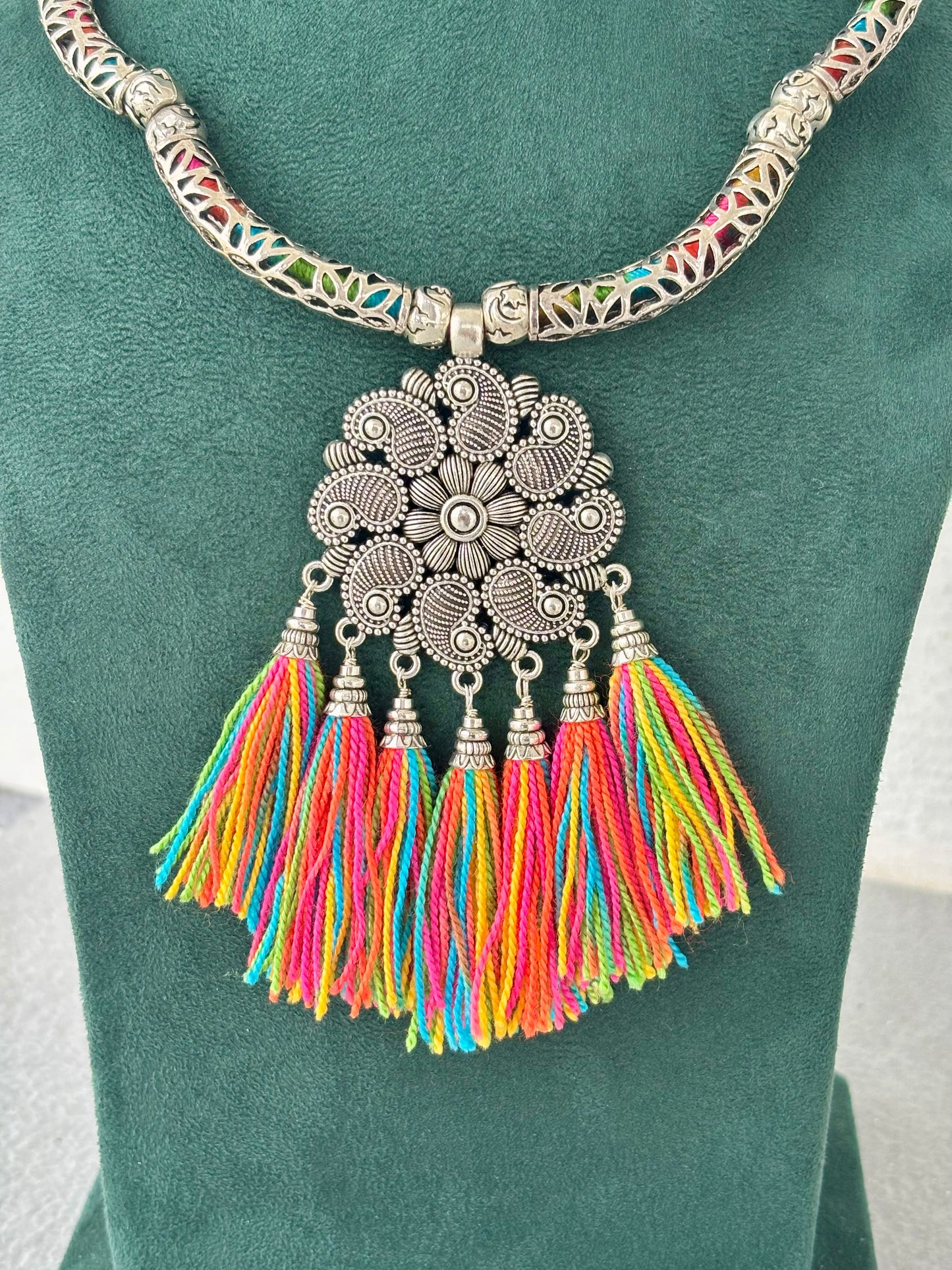 Handmade Boho Statement Necklace with Colorful Tassels