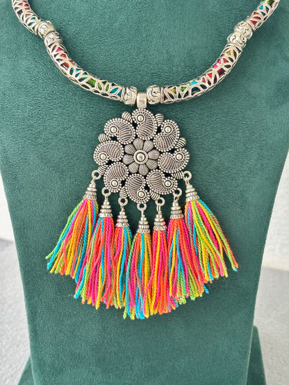 Handmade Boho Statement Necklace with Colorful Tassels