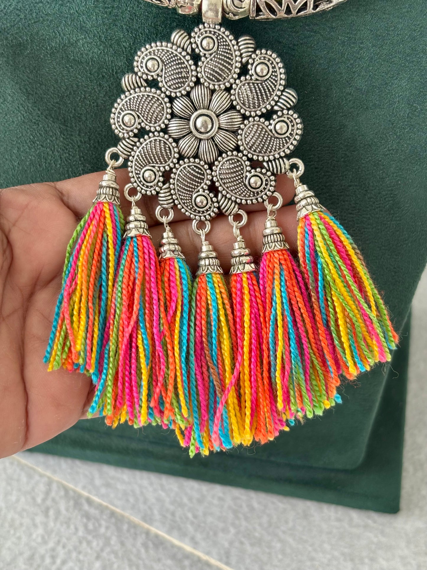 Handmade Boho Statement Necklace with Colorful Tassels