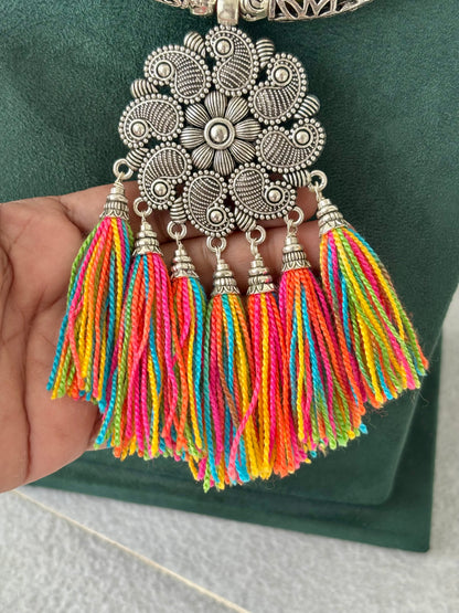 Handmade Boho Statement Necklace with Colorful Tassels