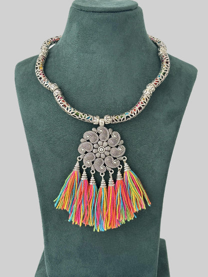 Handmade Boho Statement Necklace with Colorful Tassels