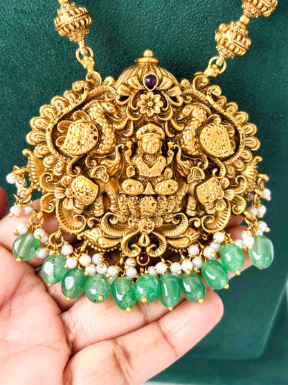 Lakshmi Temple Necklace with Green Beads and Pearls