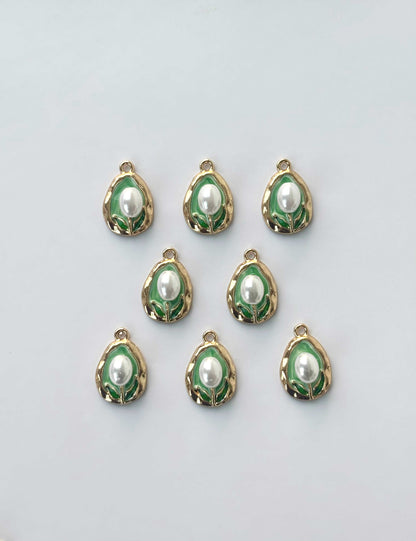 Emerald Enamel and Pearl Teardrop Charms