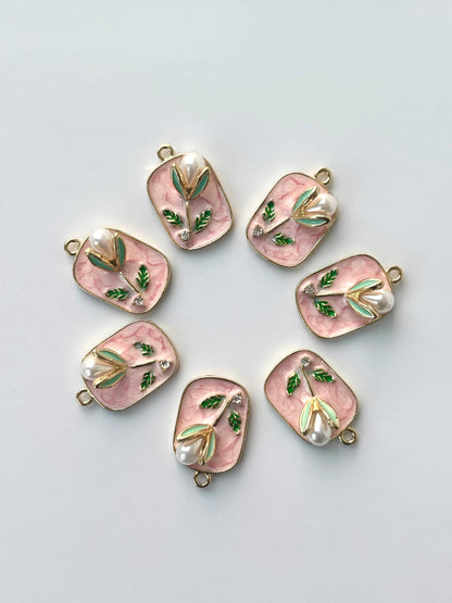 Pink Marble Floral Pearl Rectangle Charm