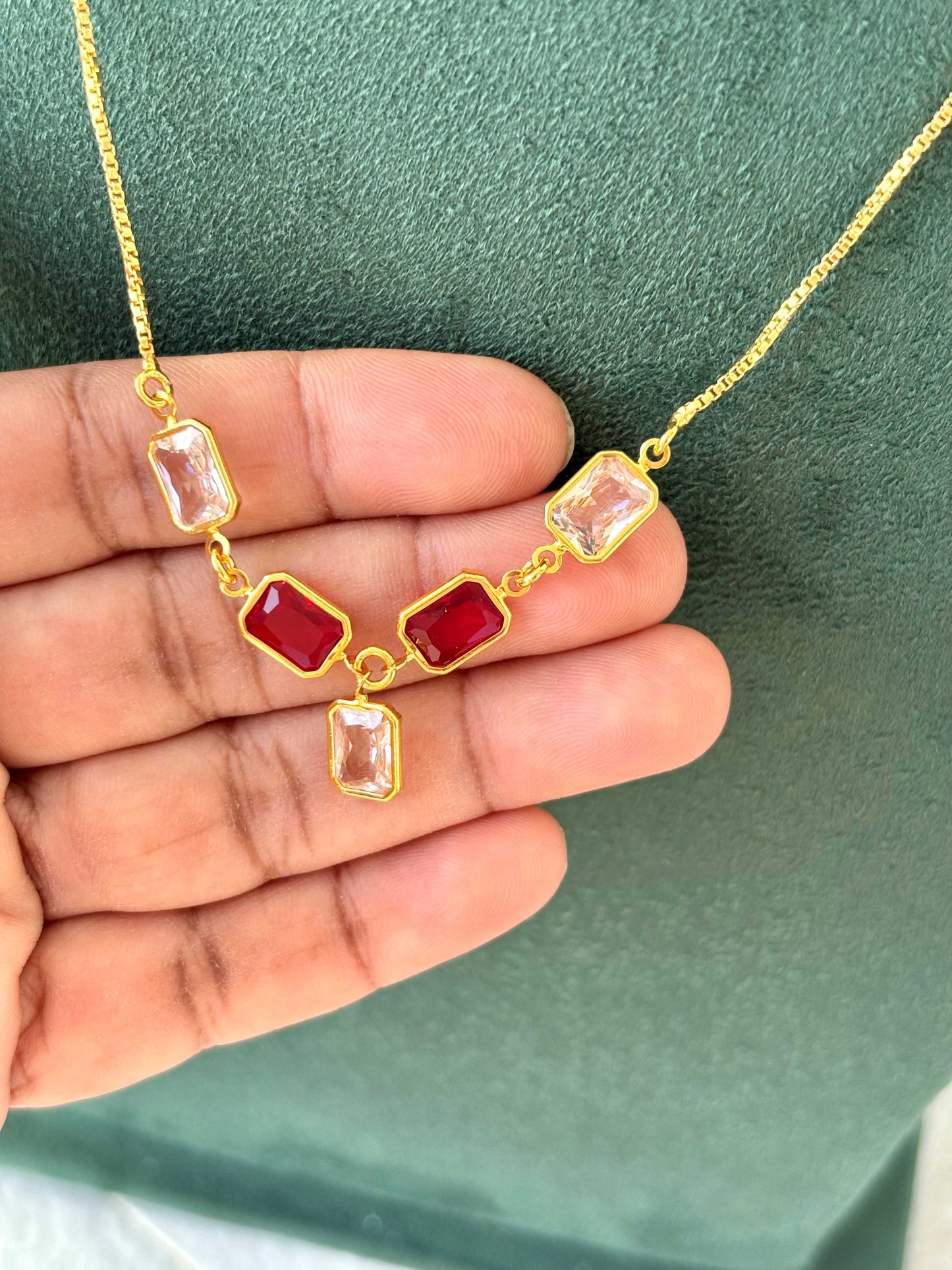 Gold Necklace with Red and Clear Crystal Stones