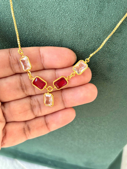 Gold Necklace with Red and Clear Crystal Stones