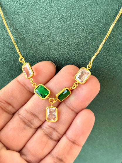 Gold Necklace with Green and Clear Crystal Stones