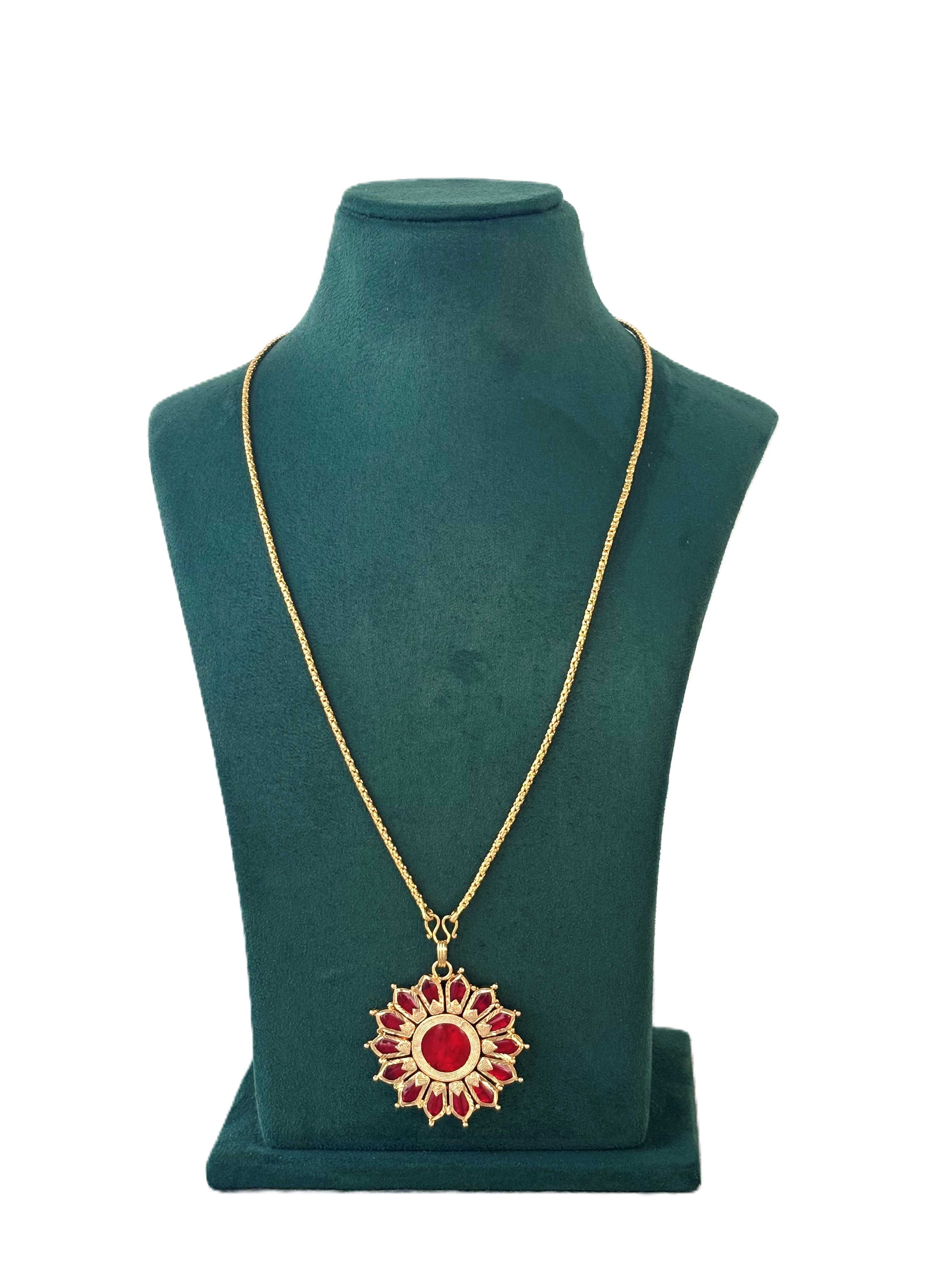 Golded Ruby-Red Floral Pendant Jewelry