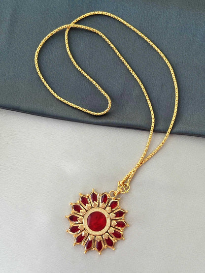 Golded Ruby-Red Floral Pendant Jewelry