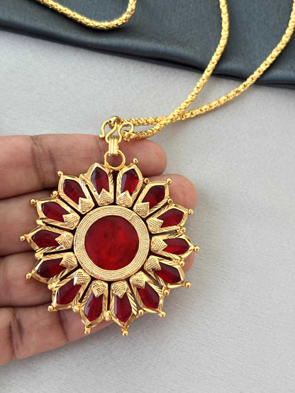 Golded Ruby-Red Floral Pendant Jewelry