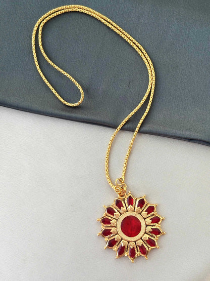 Golded Ruby-Red Floral Pendant Jewelry