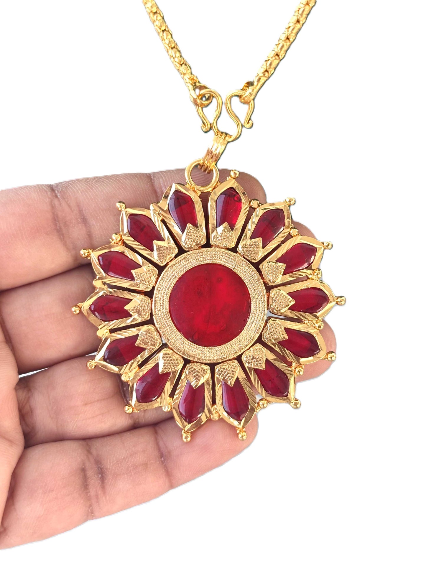 Golded Ruby-Red Floral Pendant Jewelry