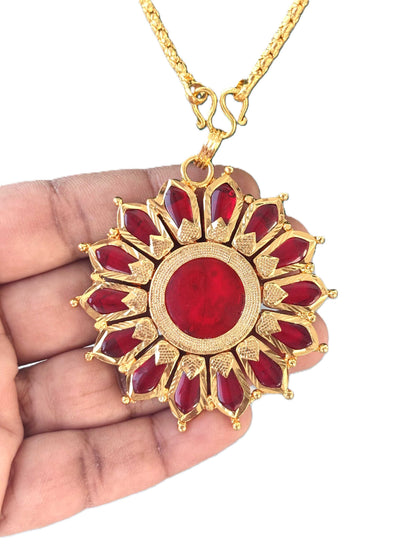 Golded Ruby-Red Floral Pendant Jewelry