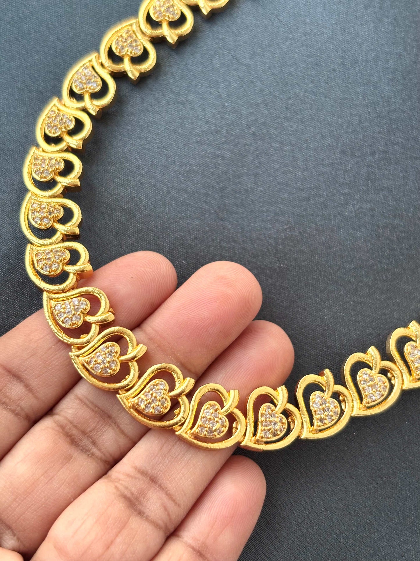 Gold Heart Stone Pendant Necklace with White Stones