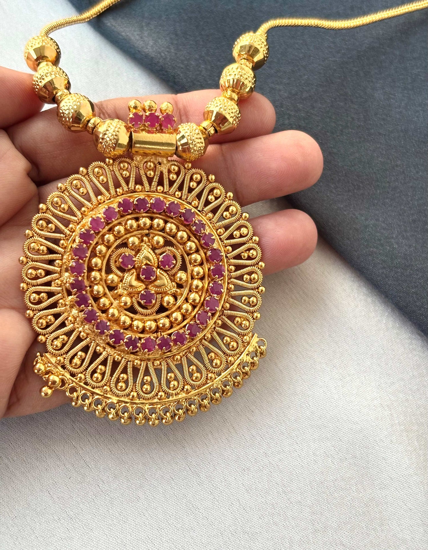 Gold Plated Ruby Floral Pendant Necklace