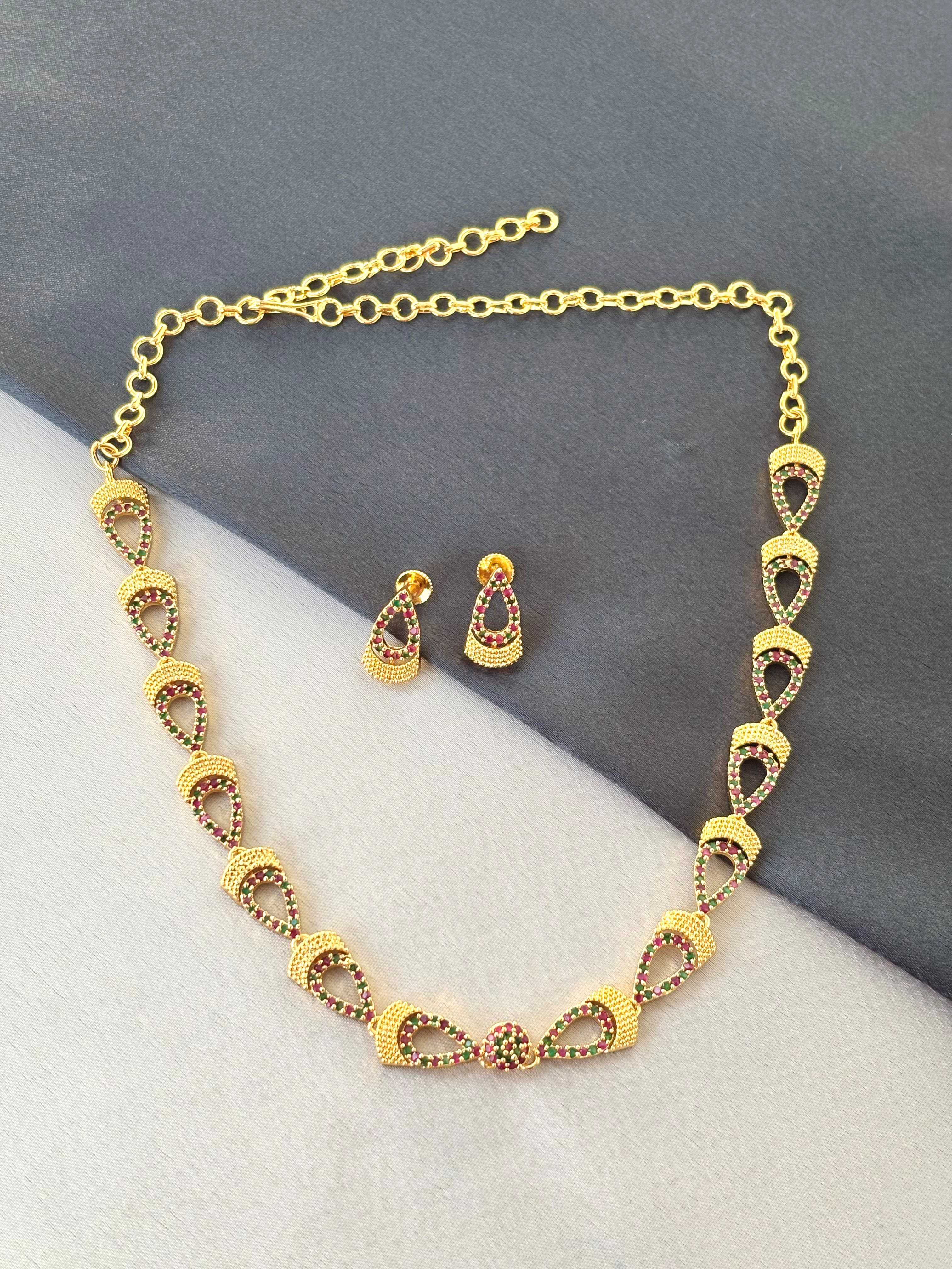 Gold Ruby Pink and Green Stone Oval Charm Necklace
